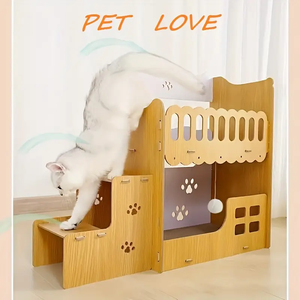 Hochwertiges Extra Großes Katzenbett Höhle Doppelschichtige Katzenvilla mit Kratzbrett Katzennest Holz-Katzennest Katzenbett - Product Image 6