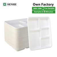 Assiettes de bagasse rectangulaires jetables à 5 cloisons de vente chaude, grande qualité pour un déjeuner et un dîner écologiques, les plus populaires