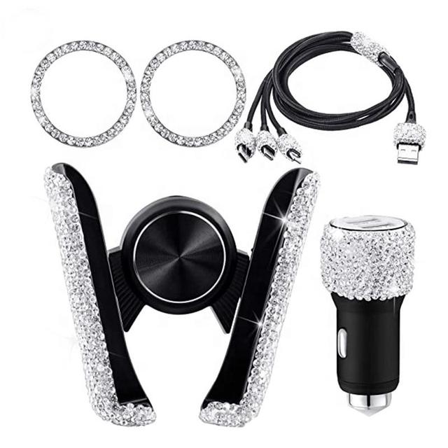 Bling Interior Decorative Car Accessories Set Phone Holder Charger Wires Handmade Luxury Auto Car Decoration Accessories Gift