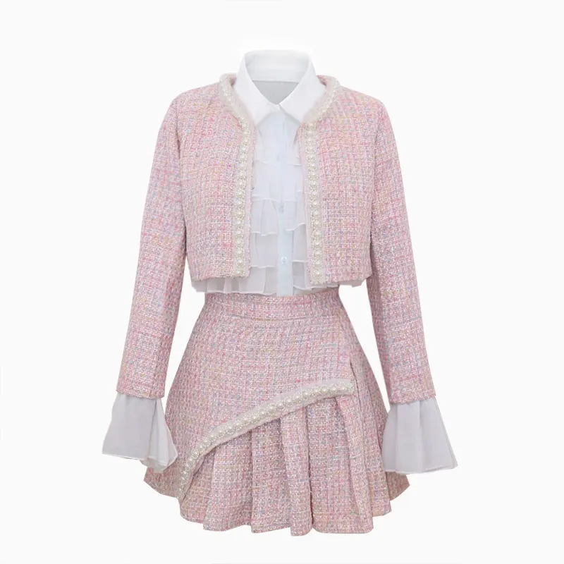 Co ord Set Women Fashion 3 Pieces Pink Tweed Skirt Set Pink Mini Skirt Elegant Skirt and Blazer Tweed Set Pearl Beading