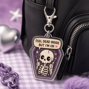 Portachiavi in acrilico personalizzato con scheletro e bara, stile Kawaii Goth, con scritta 'Sento di essere morto dentro ma sto bene', ciondolo divertente per borsa, regalo divertente, all'ingrosso - Product Image 6