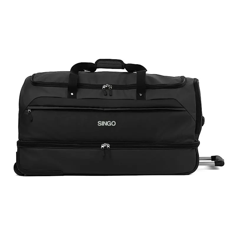 Große Kapazität Benutzer definierte Logo Polyester Reisetaschen Schwarz Mit Rädern 30 Zoll 2 Schichten Großhandel