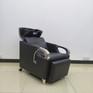 Sillón de <span class=keywords><strong>Lavacabezas</strong></span> de Cerámica Negra para Salón, Unidad Reclinable con Respaldo, Lavabo Impermeable de Cuero PU, Reposabrazos Cromados - Product Image 2