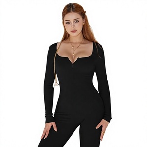 Mejor Body de Mujer Sin Costuras Acanalado de Longitud Completa con Cuello Cuadrado y Cintura Alta, Tallas Grandes, Conjunto de Ropa Deportiva, Negro, Manga Larga, Ajuste Elástico - Product Image 1