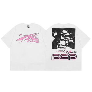 T-shirt oversize pour homme, style streetwear, imprimé étoile, manches courtes, logo au dos, col rond, jersey en coton, noir, blanc, rose, bleu - Product Image 2
