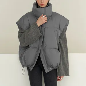OEM personalizado Drawstring Hem Sem Mangas Zip Front Puffer Coat elegante Down Puffer Vest para as mulheres