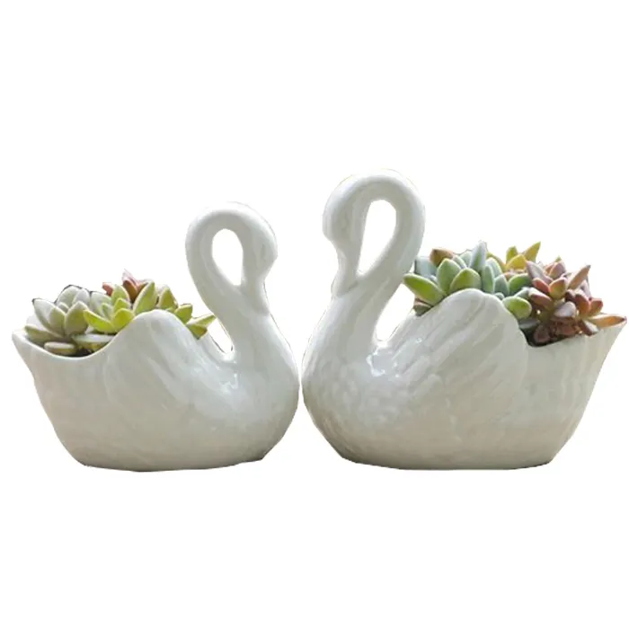 Z777Wholesale Mini White Ceramic Small flower pot thumb pot Handcarve Swan Design Succulent Plants Pot