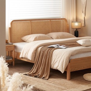 Marco de cama de madera maciza de roble Simple moderno de estilo francés cama de ratán para dormitorio elegante cama de madera - Product Image 1
