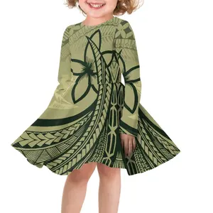 Hawaiian Tropical Floral Printing Flower Girls' Dresses Polynesian Tribal Toddler Clothes Custom Spring Long Sleeve Kids Dresses