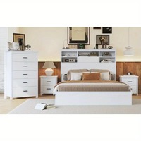 Ensemble de chambre à coucher vintage en bois blanc 4 pièces avec 2 tables de chevet 1 commode tiroirs de rangement et cadre de lit Queen Size pour chambre à coucher