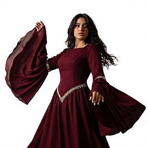 Robe longue bordeaux à manches lanternes évasées avec ceinture brodée, coupe ample en rayonne pour femme, idéale au quotidien, style Abaya - Product Image 2