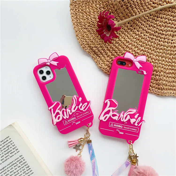 गर्म बिक्री लड़कियों Bowknot मेकअप दर्पण गुलाबी फोन के मामले में iPhone के लिए आलीशान गेंद के साथ 14 प्यारा नरम कवर iPhone के लिए 13 12 11 7 8 XS X
