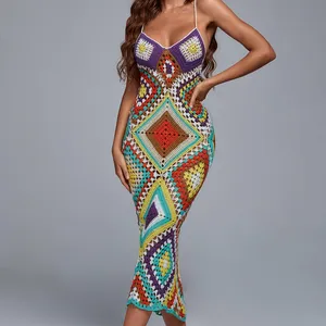 Lange Handgemaakte Dames Spaghettibandje Mouwloze Maxi Sexy Bodycon Gehaakte Katoenen Casual Jurk Zomer Strand Vrouwen Jurk 2023