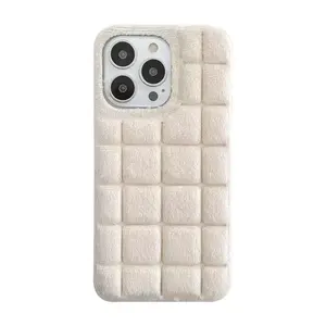 Luxury INS Style Cute 3D Fur Plush phone case Comfortable touch Waffle Pattern Case for iPhone 7-14Promax