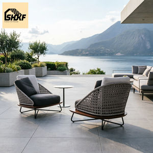 Conjunto de Sofá de Ratán para Exteriores, Diseño Curvo Tejido con Cuerda, Base de Madera, Silla de Descanso, Otomana, Mesa, para Patio, Terraza, Villa - Product Image 2