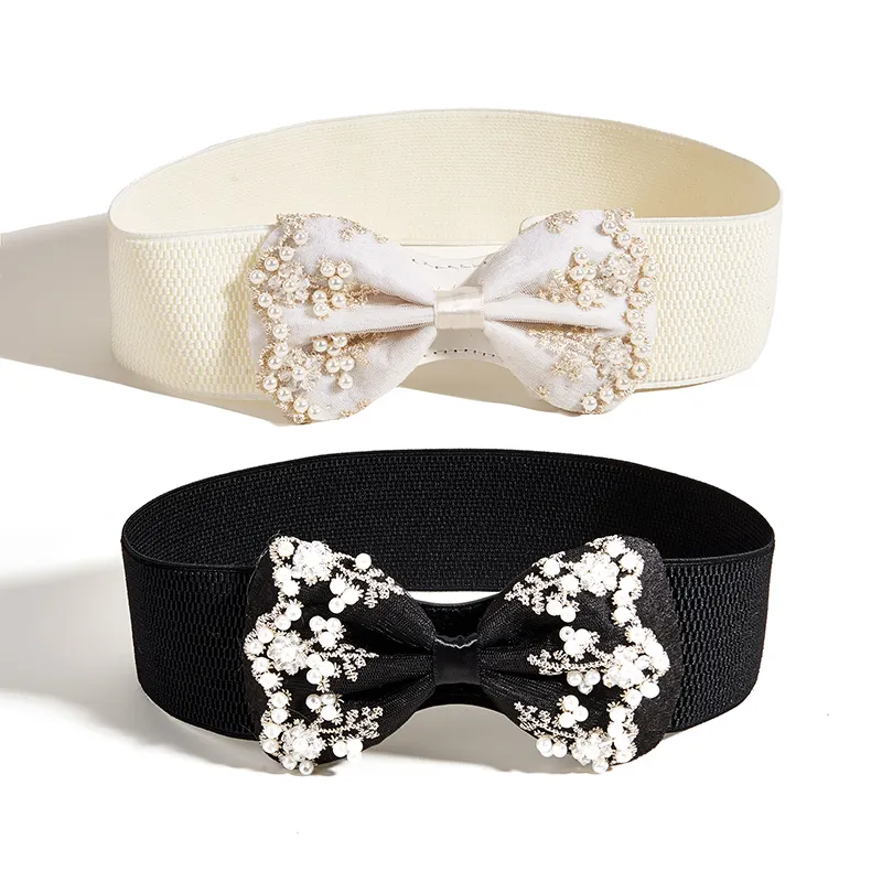 Elastic Pearl Bow Belt Woman 6CM Black White Lace Chiffon Corset Belt Lady
