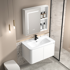 Tocadores de baño de madera maciza con espejo Lavabo simple Gabinete de fregadero de lavado a mano Combinación elegante - Product Image 3