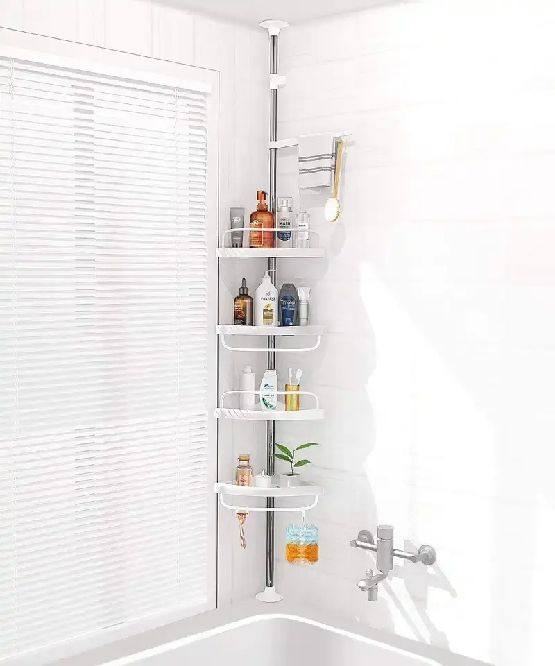 현대 욕실 선반 플라스틱 기둥 보관 랙 샤워 코너 선반 4 층 화이트 메탈 맞춤형 로고 크롬 철 스틸 호텔