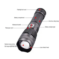Lampe <span class=keywords><strong>torche</strong></span> <span class=keywords><strong>rechargeable</strong></span> USB haut de gamme avec zoom longue portée et LED XHP50 haute intensité, conçue pour une utilisation en extérieur avec des performances exceptionnelles - Product Image 3