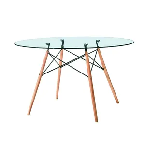 Lusso moderno rotondo chiaro vetro temperato gambe in legno tavolo da pranzo con design Top in vetro