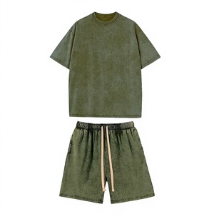 Men's Olive Green Cotton Plain T-Shirt <b>Set</b> Crew Neck Short Sleeve Solid Color Casual Summer Wear <b>Knitted</b> Breathable Shorts - Product Image 1