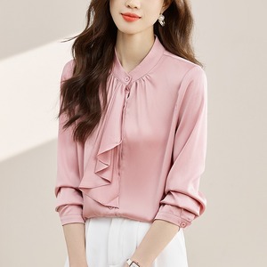 8742 # moda estilo coreano blusa mujer blanco de manga larga sólido satén blusas camisa con <span class=keywords><strong>volantes</strong></span> - Product Image 4