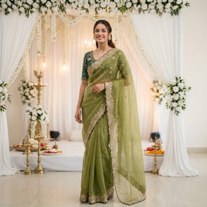 Sari en soie verte AARA Fashion avec broderie dorée, tenue traditionnelle indienne pour mariage, protection solaire toutes saisons pour femmes, longueur au sol - Product Image 1