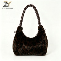 Sac Hobo Zeyu pour femme en fausse fourrure imprimé léopard, collection Hiver 2026, avec sangle tressée, sac à bandoulière en peluche en forme de croissant / sac bandoulière en peluche