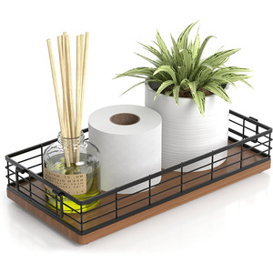 Rectangular Wooden Storage Tray For Bathroom Vanity Countertop With <b>Metal</b> <b>Grid</b> Coffee Brown Multifunctional Organizer - Product Image 1