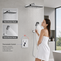 Kit de douche mural moderne carré chromé à deux fonctions avec robinet à main intégré, bouton de commande thermostatique et jet pluie