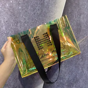 2024 grosir Pvc tas belanja mewah tahan air holografik jelas tas jinjing dengan Logo tas tangan kosmetik wanita