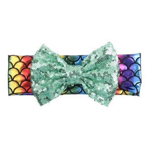5 pulgadas Bebé y niños estilo festivo lentejuelas arco sirena escala tela metálica rejilla ancha banda elástica para el cabello - Product Image 4