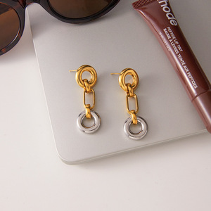 Geometric Drop Earrings Zinc Alloy Gold Silver Ring Chain Design Fashion Jewelry - Product Image 4