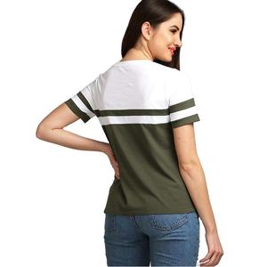 Camiseta informal de la mejor calidad con cuello redondo para mujer, camiseta personalizada de manga corta con contraste de Color blanco y verde, logotipo directo disponible en Bangladesh - Product Image 2