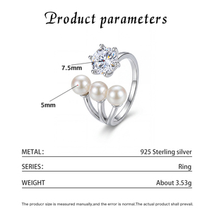 Bague ajustable en cuivre à triple coquille de perle, six griffes en zircon cubique, bande ouverte, bijoux de luxe en perles de coquillage pour femme, mariage, fiançailles - Product Image 6