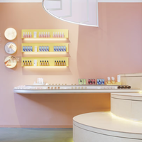 Comptoir de beauté personnalisable de style vert naturel, étagère de magasin en bois, bar à parfums, présentoir de produits
