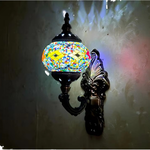 Lámpara de Pared Retro LED de Estilo Turco y Bohemio, Hecha a Mano, de Hierro Forjado, Mosaico Multicolor, Vidrio Teñido, Luz Blanca Cálida Regulable - Product Image 1