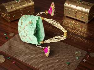Handmade Indian Mint <b>Green</b> Zardozi Embroidered Silk Saddle Bridal Potli <b>Bag</b> Drawstring Closure for Party Wear Multiple Events - Product Image 2