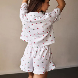 Pigiama in puro cotone stampato, morbido, a maniche corte e pantaloncini, per donna, stile europeo e americano, per il commercio transfrontaliero. - Product Image 3