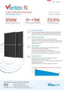 Paneles Solares Trina, Precio por Panel de 625W 630W 635W 640W 650W, Tipo N, TOPCON, Bifacial, Doble Cristal, Silicio Monocristalino - Product Image 3