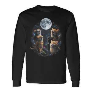Camiseta de manga larga con diseño de gatos aullando, luna llena, cielo estrellado, galaxia, amante de los animales cósmicos - Product Image 1
