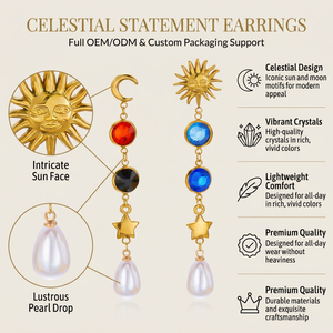 Pendientes Asimétricos de Sol y Luna al por Mayor de SongYi, Pendientes Largos con Borlas de Cristal de Zirconia Coloridos para Mujer - Product Image 1