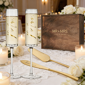 Verre en cristal gravé sur mesure fait main pour flûtes à <span class=keywords><strong>champagne</strong></span>, ensemble de spatules à gâteau, coffret cadeau en bois pour mariages, fiançailles et anniversaires - Product Image 1