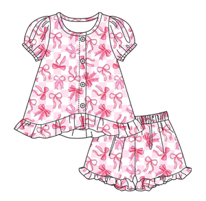 Conjuntos de Shorts Casuales Personalizados para Niñas con Estampado Floral y Lazos, Estilo Coquette, para Primavera y Otoño, con Volantes, Combinables para Hermanas, Venta al por Mayor, Algodón Peinado - Product Image 5