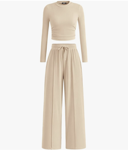 Ensemble deux pièces décontracté pour femme, style européen et américain, en stock, automne, haut côtelé à manches longues et pantalon large - Product Image 5