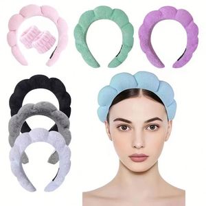 Ensemble de bandeaux en tissu éponge tressé effet nuage, bandeau en éponge à couronne haute avec sangle de poignet pour le lavage du visage, le maquillage, le spa, cadeau unisexe - Product Image 3