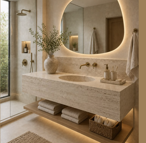Lavabo da Parete in Travertino Naturale Beige Stile Minimalista Tostone per Bagno di Casa o Villa - Product Image 3