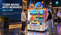 MACHINE D'ARCADÉE MUSICALE COMMERCIALE MAGIC AMUSEMENT 2 JOUEURS SPIN 2 WIN AVEC PRÊMIES, À MONNAYEUR LED, CERTIFIÉE CE POUR SALLES D'ARCADÉES, CENTRES COMMERCiaux ET PARCS D'ATTRACTIONS