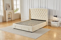 Neues Diamant-Tufted Wingback Samtbett, Cremefarbenes Polsterbett mit Ausziehbaren Rollenden Aufbewahrungsschubladen