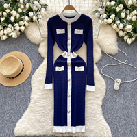 Robe moulante décontractée pour femmes, élégante, à manches longues, en tricot, avec blocs de couleur et boutons décoratifs, pour un usage quotidien